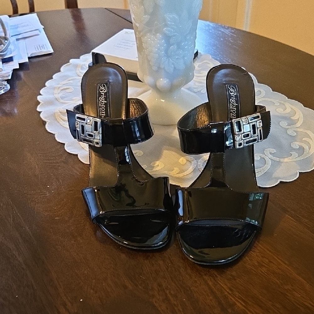 Brighton Black Heels with Glossy Finish and Silver Detail